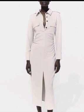 ZARA Maxi Cream Dress Long Sleeve Size Small Buttons And Zipper Safari Style